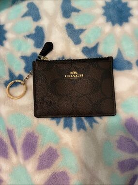 Coach Dark Brown Signature Zip Card Case with Gold Keyring